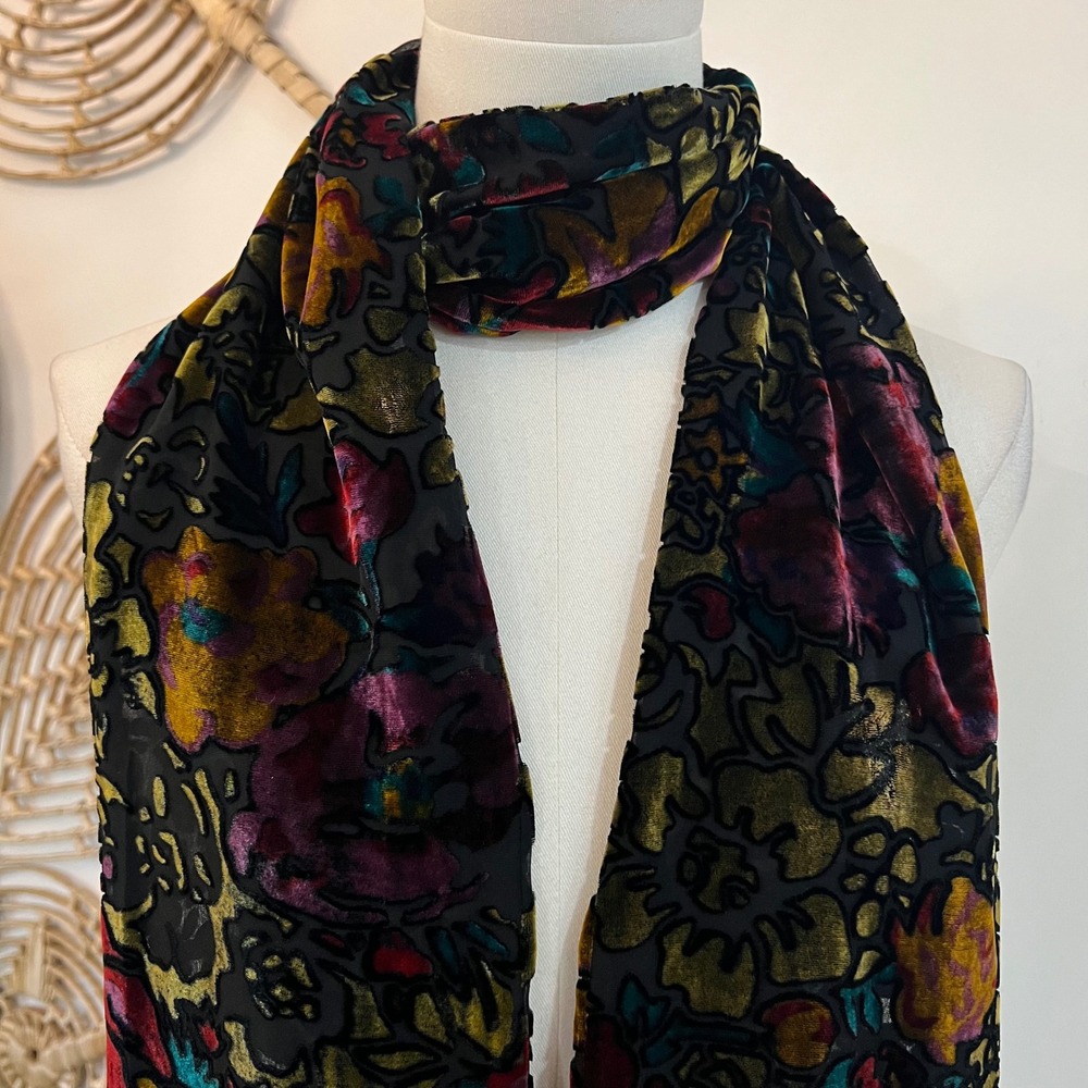 Vintage Burnout Velvet Floral Fringe Scarf Devoré Silk Blend Oblong Wrap Jewel - Picture 3 of 10